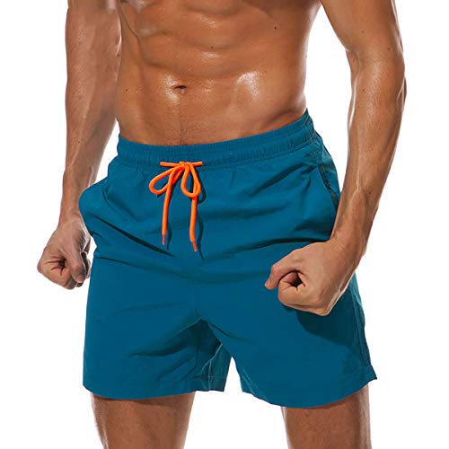 Qrity Herren Badeshorts, Badehose Herren Jungen Badeshorts Männer, Strandhose mit Taschen, Schwimmen Schnelltrocknen, Strandshorts, Verstellbarer Kordelzug, Pfauenblau-S von Qrity