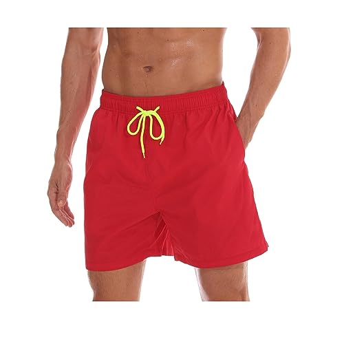 Qrity Herren Badeshorts, Badehose Herren Jungen Badeshorts Männer, Strandhose mit Taschen, Schwimmen Schnelltrocknen, Strandshorts, Verstellbarer Kordelzug, Rot -M von Qrity