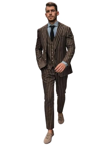 Qrkoda Herren Streifen 3-teiliger Anzug Zwei Knöpfe Jacke Weste Hosen Weihnachten Bräutigam Prom von Qrkoda