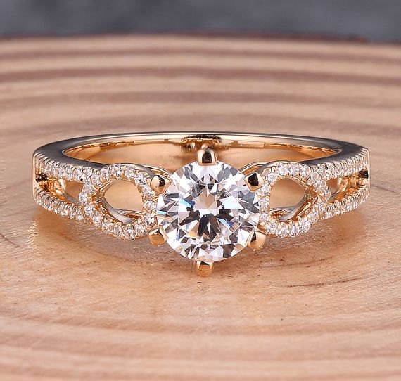 14K Gelbgold Diamant Ring 6 Mm Runder, 6-stift-Verlobungsring von Qrystaljewelry