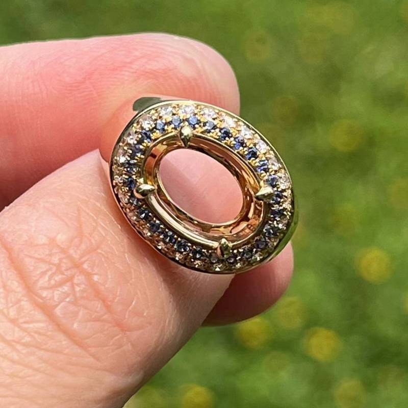 14K Gelbgold Oval Semi Mount Ring Diamant & Saphir Double Halo von Qrystaljewelry