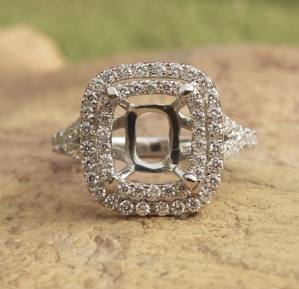 14K Weißgold Diamant Double Halo Semi Mount Ring 6 X 7 Mm Kissenschliff von Qrystaljewelry