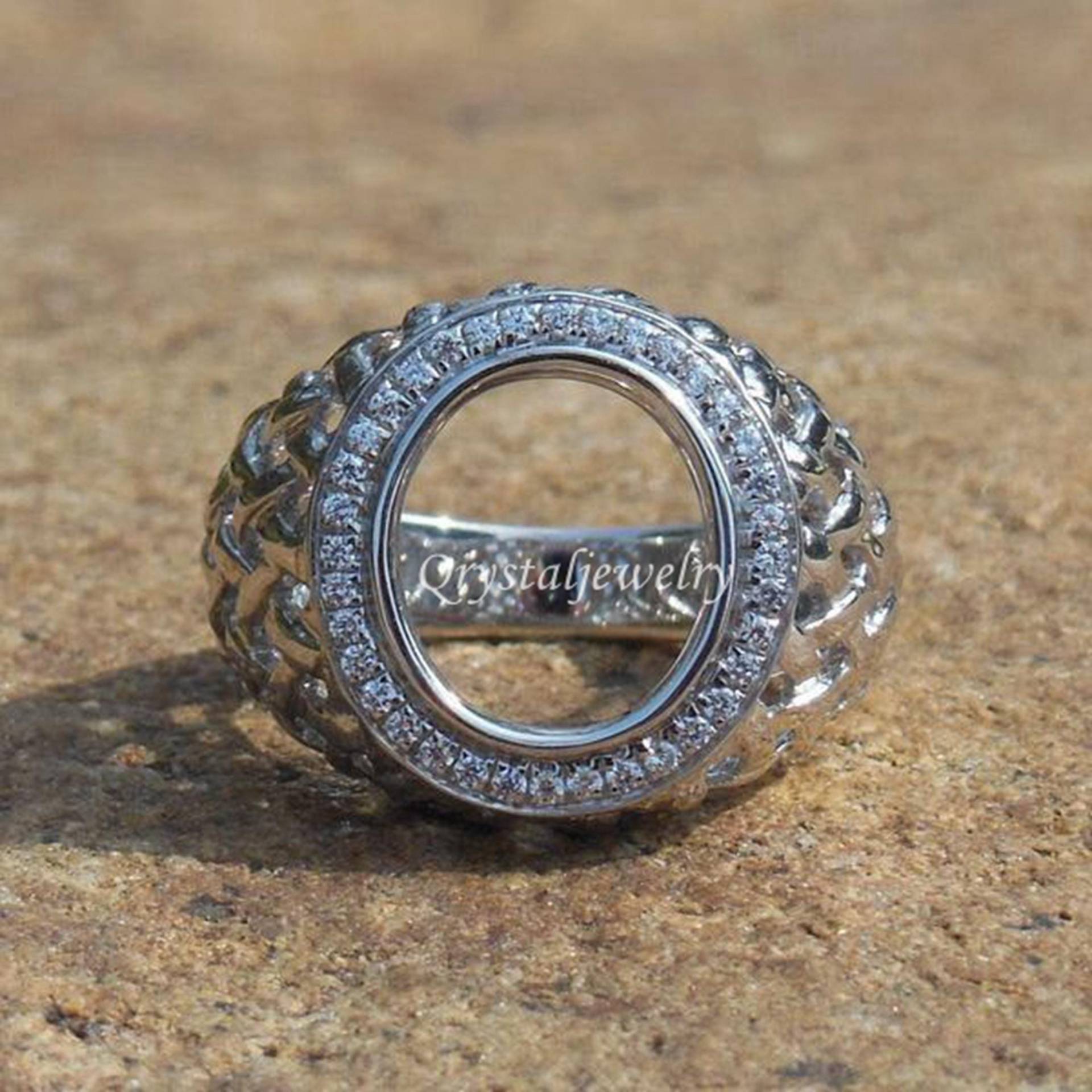 14K Weißgold Diamant Herrenring Oval Semi Mount, 10 X 12 Mm von Qrystaljewelry