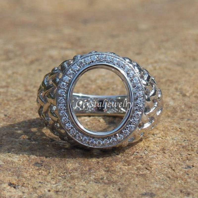 14K Weißgold Diamant Herrenring Oval Semi Mount, 10 X 12 Mm von Qrystaljewelry
