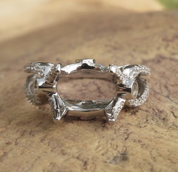 Massives 14K Weißgold Oval 7 X 9 Mm Mode Halb Montierter Ring/Diamantring von Qrystaljewelry