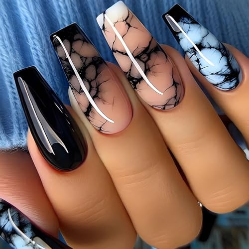 24 Stcs Extra Long Stick On Nails Ballerinas Künstliche Nägel Marmor Falsche Nägel Glänzende Presse Auf Nägeln Für Frauen Mädchen von Qsvbeeqj