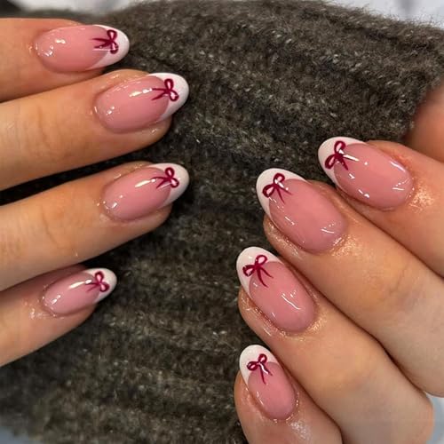 24 Stück Kurze Mandelnägel Zum Aufdrücken Glänzende Schleifen Designs Acrylnägel Mit Französischer Spitze Zum Aufkleben Für Frauen von Qsvbeeqj