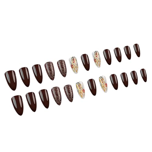 24 Stück Mandel-Nägel zum Aufdrücken, Weizen, französische künstliche Nägel, Acryl, künstliche Nägel, zum Aufkleben auf Nägel für Frauen und Mädchen von Qsvbeeqj