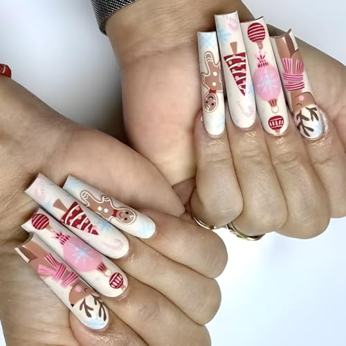 24 Stück Weihnachts-Nägel zum Aufdrücken, lang, quadratisch mit Schneeflocken-Designs, zum Aufkleben auf Nägel für Damen, Maniküre, Nägel, Kunstdekoration von Qsvbeeqj