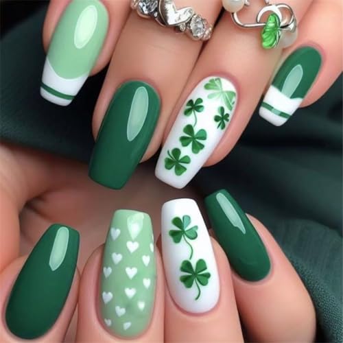 Patrick's Day Nägel zum Aufdrücken mit einzigartigem grünem Kleeblatt-Design, Urlaubsthema zum Aufkleben für Damen und Mädchen von Qsvbeeqj