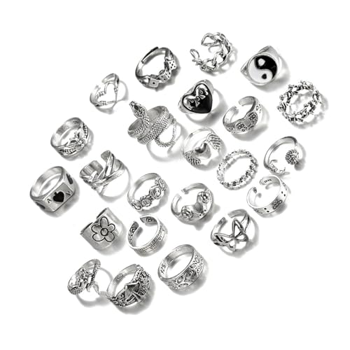 Qsvbeeqj 24PCS Creative Retro Silver Rings Kollektion Für Frauen Und Männer Einschließlich Blumenschlangen Und Blumenmuster Herzschlangenring von Qsvbeeqj