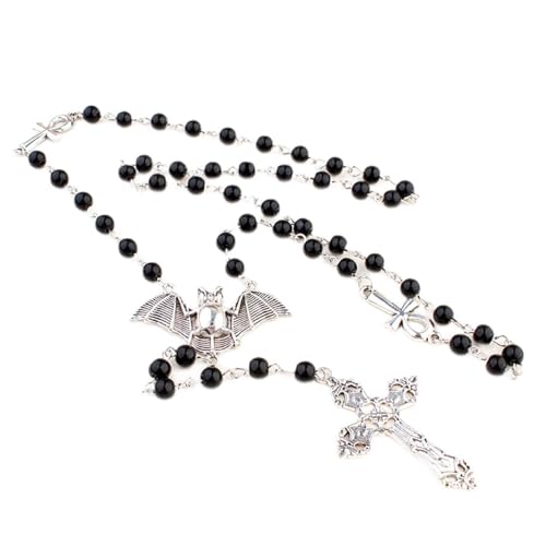 Qsvbeeqj Ankh Kreuz Fledermaus Anhänger Halskette Gothic Lang Rosenkranz Perlen Schmuck Halloween Y2k Punk Pullover Kette Kreuz Ankh Fledermaus Gothic Punk Halskette, One Size, Wie beschrieben, Wie von Qsvbeeqj