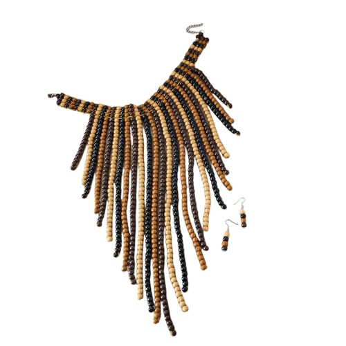 Qsvbeeqj Aussage Schmuck Perlen Halskette Und Ohrringe Set Long Quastenstile Hochzeit Schmuck Holzperlen Textur Für Frauen Mädchen Quasten Halskette von Qsvbeeqj