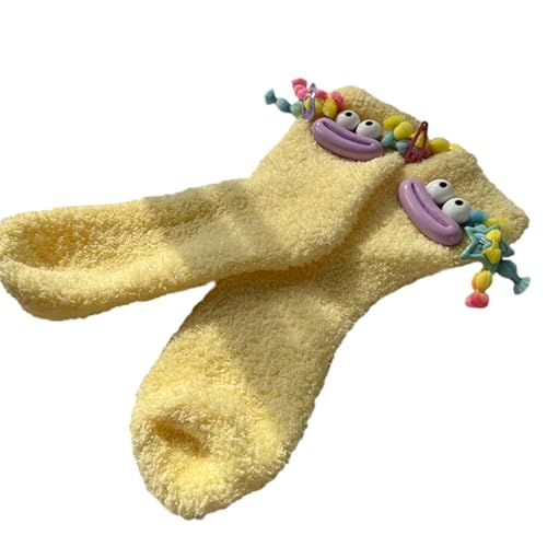 Qsvbeeqj Cartoon Puppensocken für Damen dicker flauschig kuschelige Hausschuhe Socken warm weich Winter Plüsch Haushaltsgeschenke Damen flauschig rutschfeste Griffe Samt Stiefelette, GELB, Rozmiar von Qsvbeeqj