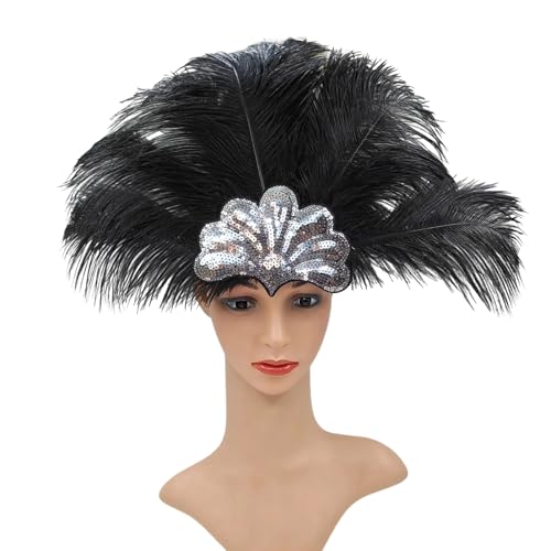 Qsvbeeqj Damen Pailletten-Stirnband mit Federn, übertriebener Kopfschmuck mit elastischem Band für Karneval, Party, Aufführungen und besondere Anlässe von Qsvbeeqj