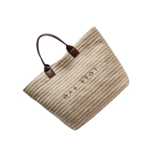 Qsvbeeqj Damen Pendeln Tasche Handgewebter Strand Druck Buchstaben Strohtasche Obergriff Große Kapazität Urlaub Frauen Strand Strohhalm Urlaub große Kapazität Oberer Griff Handgewebt, Kaffee von Qsvbeeqj