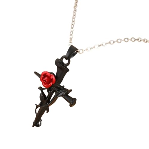 Qsvbeeqj Elegante Kreuz Halskette mit Gravur Rose Religiöser Schmuck für Frauen Männer Legierung Kette Längenverstellbar Edelstahl mit Kreuz Kreuz One Size, Wie beschrieben von Qsvbeeqj