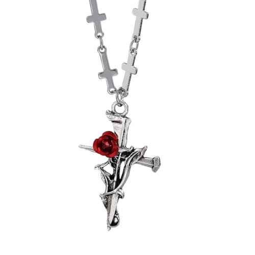 Qsvbeeqj Elegante Kruzifix-Halskette mit graviertem Rosenmuster, religiöser Schmuck für Damen und Herren, Legierung, verstellbare Länge, Edelstahl-Schmuck, Einheitsgröße, Wie beschrieben, Wie von Qsvbeeqj