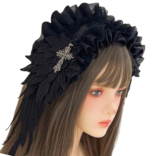 Qsvbeeqj Gothic Hair Accessoire Mit Weicher Spitze Und Metallkreuzen Dekoration Gothisches Spitzenhaarband Für Punkstile Kopfstück Dunkle Themenbrauthaarstück von Qsvbeeqj