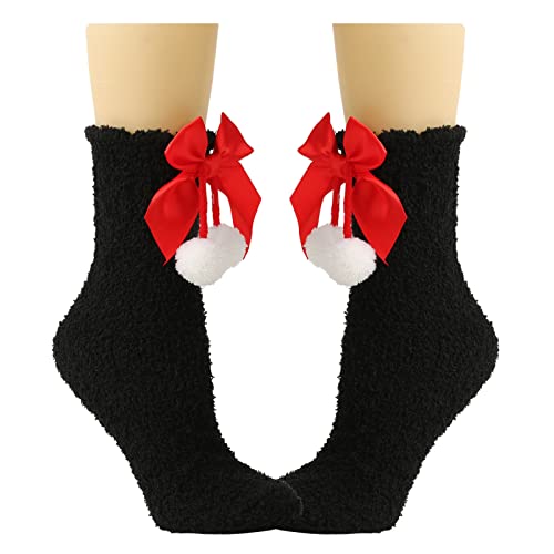 Qsvbeeqj Winter Warme Socken Damen Niedliche Weihnachtsschleifen Koralle Samt Innen Boden Hausschuhe Socken Urlaub Haus Traum Strumpfwaren Samt, Schwarz-Rot Haarkugel, Rozmiar uniwersalny von Qsvbeeqj