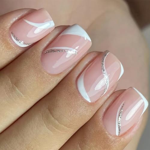 Square Press Auf Nägeln Gefälschte Glitzer Kleber Künstlicher Acryl 24PCS Stick Für Frauen Mädchen Design Falscher Nagel von Qsvbeeqj