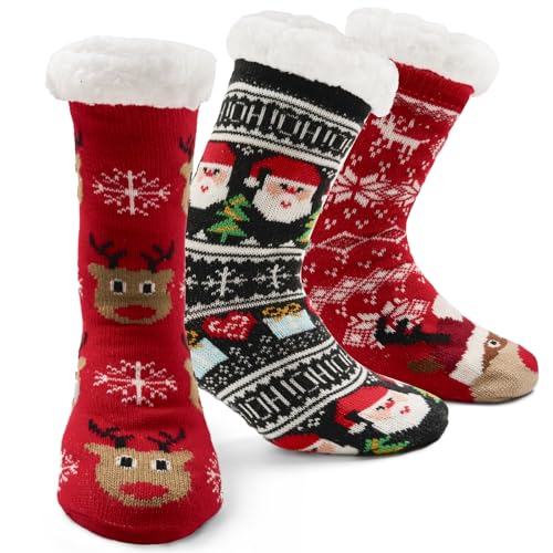 Qterdiz Damen Anti-Rutsch Kuschelsocken Warme Hüttensocken Flauschig Hausschuhe Dicke Wintersocken für Weihnachten 3 Paar 36-41 von Qterdiz