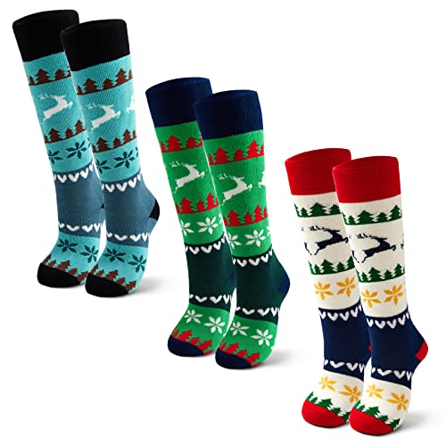 Qterdiz Unisex Kinder Weihnachten Warme Skisocken Jungen Dicke Skistrümpfe Mädchen Thermo Socken für Ski und Snowboard 3 Paar 27-30/8-10 Jahre von Qterdiz