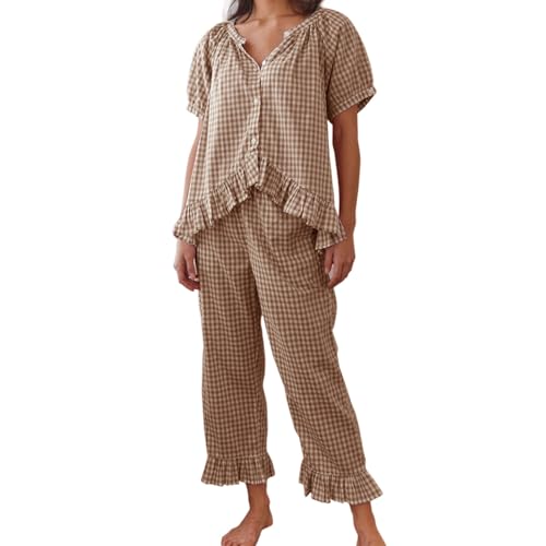 2-teiliges Damen-Pyjama-Set mit kariertem Karomuster, Hemd und Rüschenhose, passendes Set, Loungewear, weiche Nachtwäsche, braun, L von Qtinghua