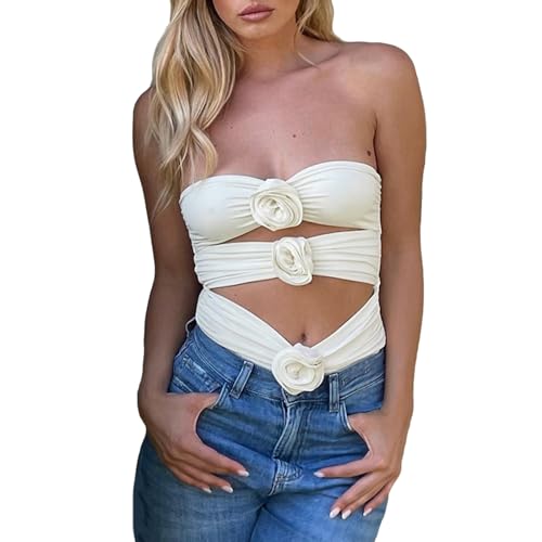 Damen 3D Blume Bandeau Badeanzug Sommer trägerlos Rosette Ausschnitt Einteiler Badeanzug Bademode Bikini Jumpsuit, elfenbeinfarben, S von Qtinghua