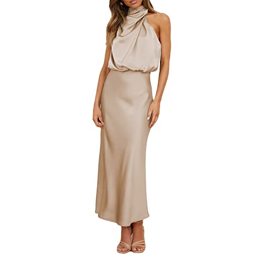 Damen Ärmellose Cocktailkleider Stehkragen Schlüsselloch Elastische Hohe Taille Hochzeit Gast Abend Party Maxikleid, aprikose, L von Qtinghua