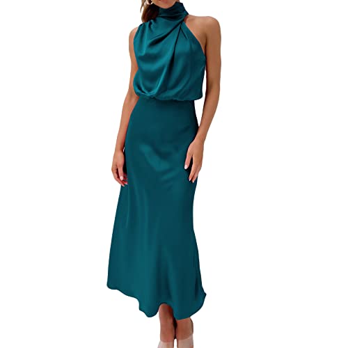 Damen Ärmellos Cocktailkleider Mock Neck Keyhole Elastische Hohe Taille Hochzeit Gast Abend Party Maxikleid, seeblau, Small von Qtinghua