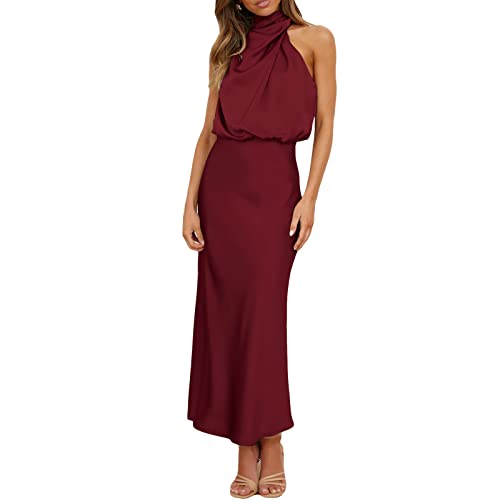 Damen Ärmellose Cocktailkleider Stehkragen Schlüsselloch Elastische Hohe Taille Hochzeit Gast Abend Party Maxikleid, weinrot, X-Large von Qtinghua