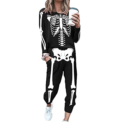 Damen Halloween 2-teiliges Outfit Langarm Skelett Print Top und Hose Set Sweatsuits Trainingsanzüge Freizeitkleidung Set, Schwarz , 36 von Qtinghua