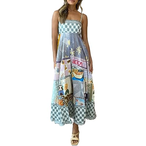 Damen Spaghettiträger Maxikleid Sommer Ärmellos Rückenfrei Flowy Sommerkleid Boho Swing A Linie Midi Kleid Cocktail Strand Streetwear, A Grey, Medium von Qtinghua