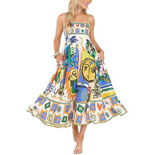 Damen Spaghettiträger Maxikleid Sommer Ärmellos Rückenfrei Flowy Sommerkleid Boho Swing A Linie Midi Kleid Cocktail Strand Streetwear, Ein Gelb, Small von Qtinghua