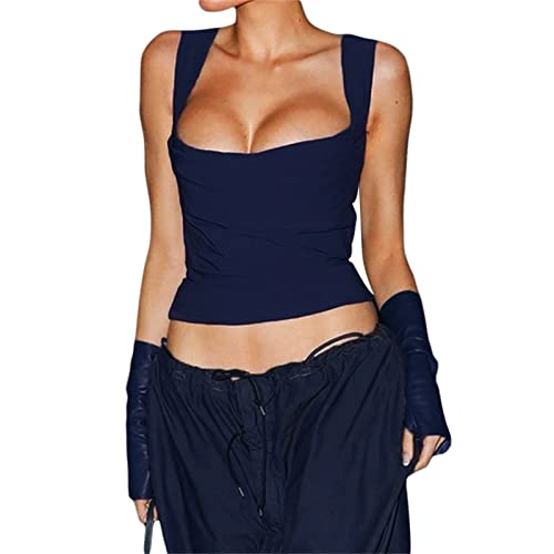 Qtinghua Elegante Damen-Träger, schmale Spitze, V-Ausschnitt, Camisoles, Vintage, ärmellos, rückenfrei, Tank, Camis, Spaghettitop, Streetwear, Z02 Blau, Small von Qtinghua