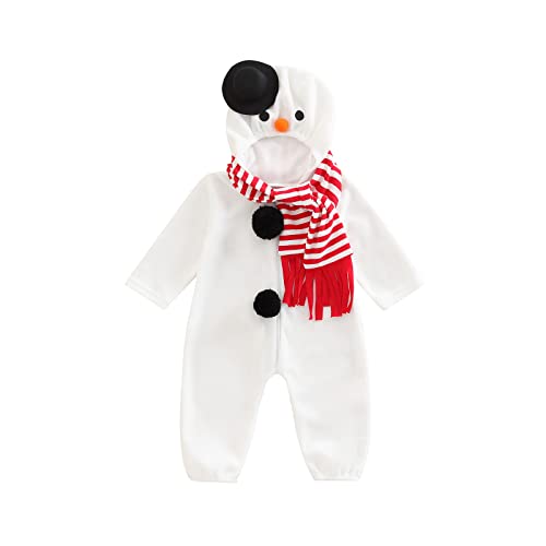 Kleinkinder Baby Junge Mädchen Kapuzenoverall Winter Fleece Plüsch Langarm Schneemann Strampler mit Reißverschluss + Baby Stripy Scarf, Schneemann Weiß, 0-6 Monate von Qtinghua