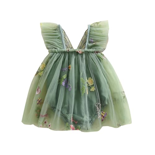 Qtinghua Baby Mädchen Tüll Schmetterling Bestickt Tutu Strampler Kleid Floral Mesh Tüll Prinzessin Kleid Flatterärmel Quadratischer Ausschnitt Entzückender Jumpsuit für Fotoshootings, grün, 3-6 Monate von Qtinghua