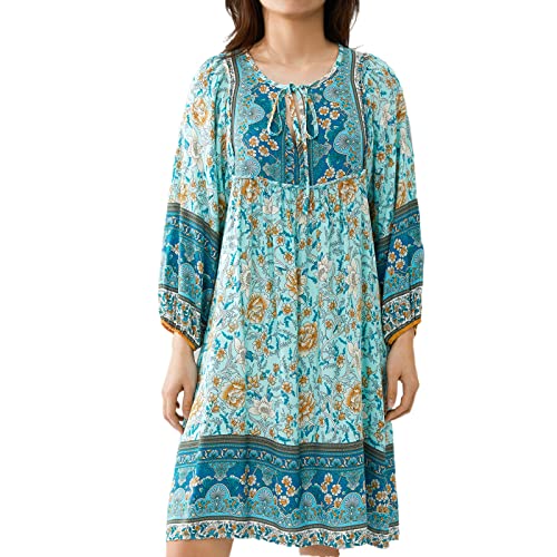 Qtinghua Boho-Sommerkleid für Damen, 3/4-Ärmel, Blumendruck, V-Ausschnitt, Rüschen, Blumenmuster, A-Linie, kurze Strandkleider, C# Blau, X-Large von Qtinghua