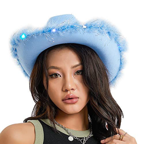 Qtinghua Cowboyhut für Damen mit Federn Western Filz Flauschig Breite Krempe Cowgirl Hut für Halloween Kostüm Dress Up (LED Hellblau, Einheitsgröße) von Qtinghua