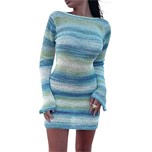 Qtinghua Damen Häkelstrickkleid Langarm Rückenfrei Häkeln Gestreift Aushöhlen Bodycon Mini Bodycon Casual Pullover Kleid, D-Blau, L von Qtinghua