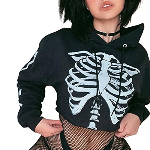 Qtinghua Damen Halloween Gothic Skelett Hoodie Crop Top Gothic Punk Bandage Casual Pullover Langarm Relaxed Fit Sweatshirts, Schwarz , L von Qtinghua