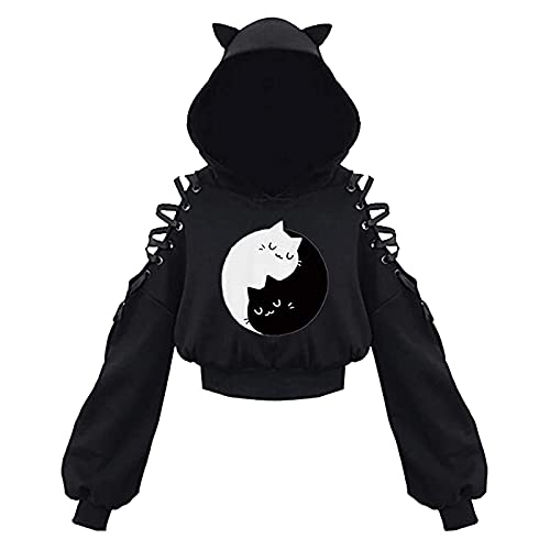 Qtinghua Damen Halloween Gothic Skelett Hoodie Crop Top Gothic Punk Bandage Casual Pullover Langarm Relaxed Fit Sweatshirts, Geschnittene Katzenohren, Schwarz / Weiß, S von Qtinghua