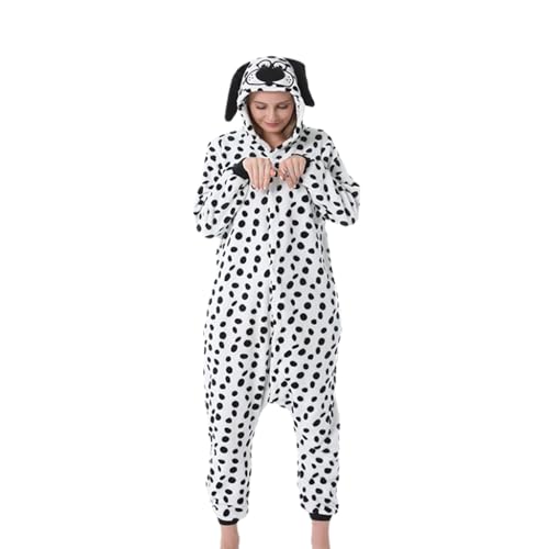 Qtinghua Damen Herren Tier Cosplay Kostüm Fuzzy Warm Fleece Kapuze Overall Button Down Plüsch Pyjama Strampler Loungewear, Dalmatiner, 36 von Qtinghua