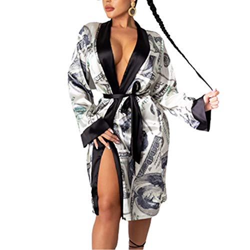 Qtinghua Damen Kimono Satin Robe Dollar Gedruckt Langarm Seide Pyjama Bademantel mit Gürtel Gr. X-Large, Schwarz von Qtinghua