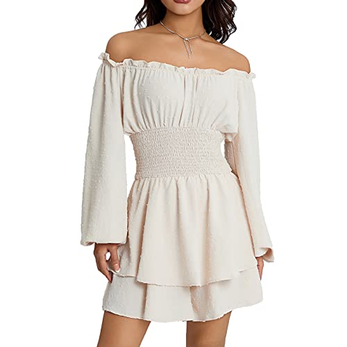 Qtinghua Damen Laterne Rüschen Strampler Schulterfrei Puffärmel Flowy Lyaner Strampler Kleid Gesmokt Kurz Jumpsuit Playsuits, D# Apricot Langarm-Strampler, 38 von Qtinghua