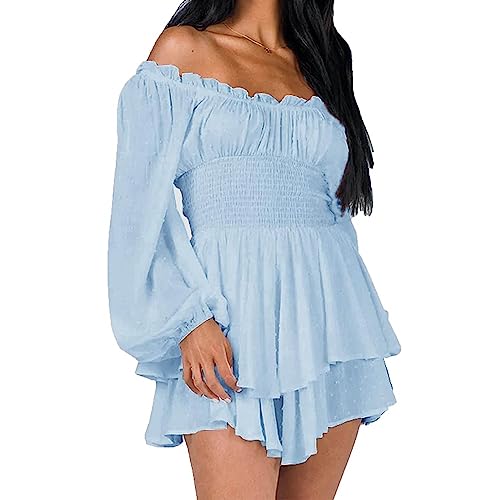 Qtinghua Damen Laterne Rüschen Strampler Schulterfrei Puffärmel Flowy Lyaner Strampler Kleid Gesmokt Kurz Jumpsuit Playsuits, D# Blauer Langarm-Strampler, 46 von Qtinghua