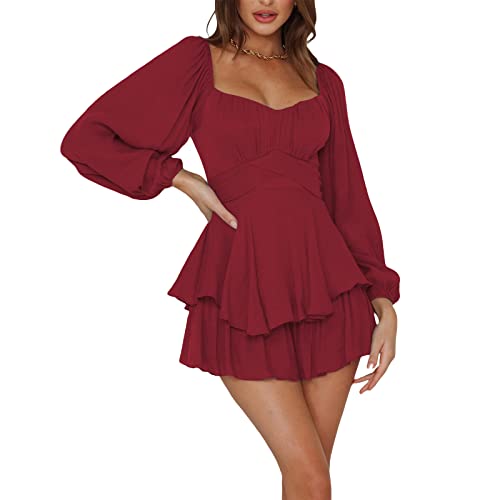Qtinghua Damen-Strampler mit Laternen-Rüschen, schulterfrei, Puffärmel, fließender Lyaner-Strampler, Kleid, gesmokt, kurzer Jumpsuit, A# Strampler mit langen Ärmeln, Weinrot, L von Qtinghua