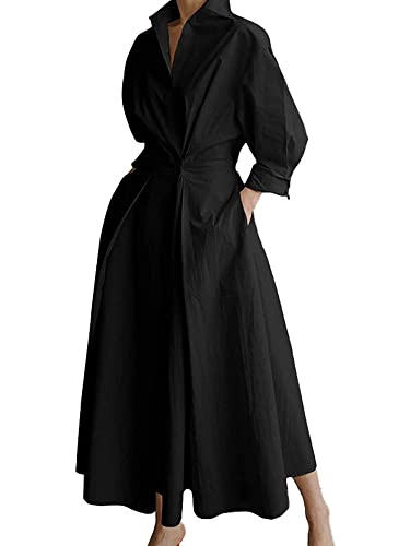 Qtinghua Damen Maxi Hemd Kleid Langarm Knopf Gesmokte Taille Plus Size Maxi Lange Kleider Lose Swing Kleid mit Taschen, Schwarz , L von Qtinghua