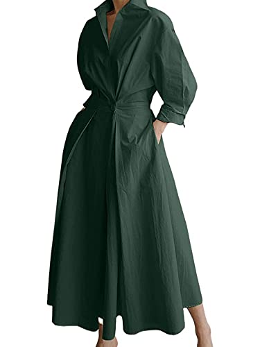 Qtinghua Damen Maxi Hemd Kleid Langarm Knopf Gesmokte Taille Plus Size Maxi Lange Kleider Lose Swing Kleid mit Taschen, dunkelgrün, L von Qtinghua